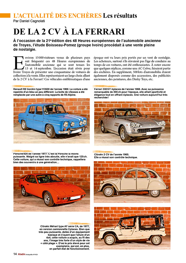 Extrait article magazine ALADIN enchères voitures collections